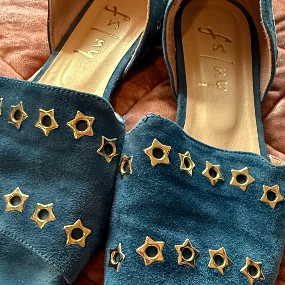 French Sole Suede Blue Flats with Gold Star Accents - Picture 3 of 5